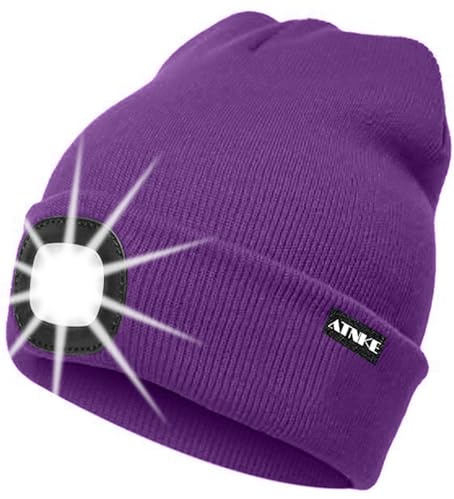 ATNKE LED Beleuchtete Mütze,Wiederaufladbare USB Laufmütze mit Licht Extrem Heller 4 LED Lampe Winter Warme Stirnlampe für Herren und Damen Geschenke
