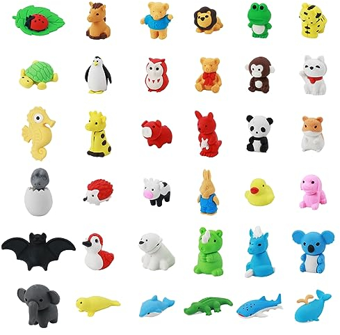 Radiergummi Tiere 36 StüCk, Lustige Radiergummis für Kinder, HüBsche Tier-Radiergummis Im Multipack, Abnehmbares Mini-Briefpapier-Set FüR Partygeschenke, Spielepreise, Belohnungen Im Klassenzimmer