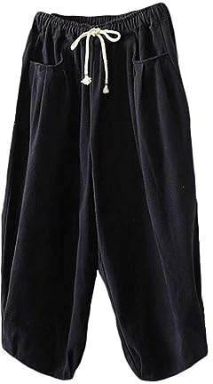 Minibee Women's Baggy Harem Pants Wide Leg Casual Pant Summer Cotton Drawstring Trousers with Pockets Black XXL