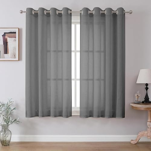 CUCRAF Leinenoptik Grau Voile Vorhänge mit Ösen Halbtransparent Gardine für Schlafzimmer Wohnzimmer H160 x B140cm 2er Set,Grau
