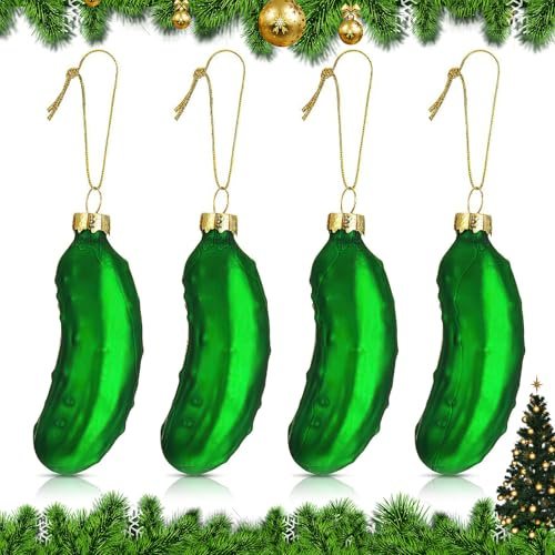 Hejo 4 Stück Weihnachtsgurke Christbaumschmuck, Kleine Gurke Weihnachtsschmuck aus Glas, Mehrweg Baumschmuck Christbaum Weihnachtskugel Gurken, Christmas Ornament für Weihnachtsdeko Eventdeko (Grün)