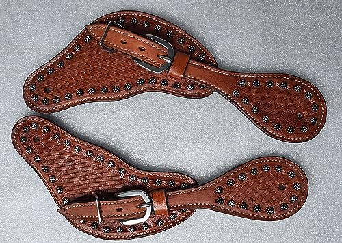 LEATHERRIDE Showmen Craft Sporenriemen aus Leder für Erwachsene, mit silbernen Nieten, Hardware und Schnalle, für Pferde