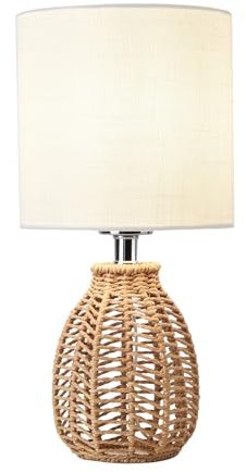 KUNJOULAM Rattan Table Lamp, Small Nightstand Lamp with Linen Fabric Lampshade, Desk Lamp Bedside Lamp for Living Room Home Office, Without Buld
