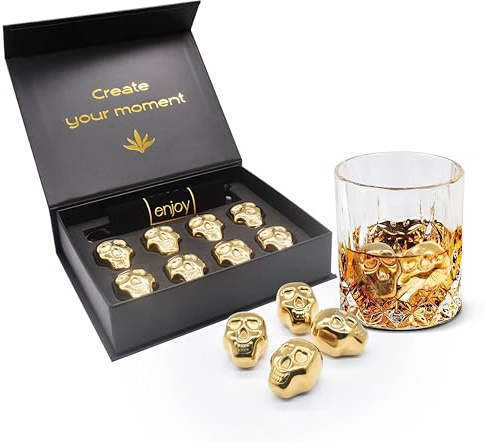Catrinaz® Pierres de whisky de luxe - Design unique de crâne - Pierres de tequila - Pierres à whisky - Acier inoxydable - Qualité supérieure - 8 pièces - Couleur or - Barre de glace - Sac de rangement
