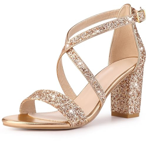 Perphy Glitter Sparkly Dress Pumps Open Toe Crisscross Strap Chunky Heel Sandals for Women Rose Gold 8 UK/Label Size 10 US