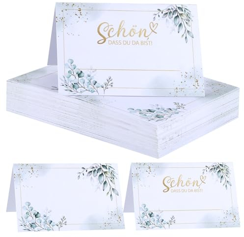 50 Tarjetas de Mesa de Eucalipto para Boda con Texto Schön, dass du da bist - Decoración para Cumpleaños, Bodas, Bautizos, Comuniones, Confirmaciones