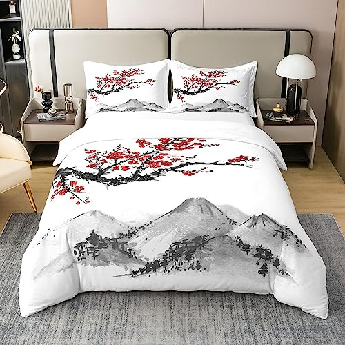 Homewish Cotone, Copripiumino 200x200 Stile Giapponese, Set di Biancheria da Letto Stampata con Fiori di Ciliegio Rossi per Adulti, Donne, Adolescenti, Parure da Letto con Pittura a Inchiostro del