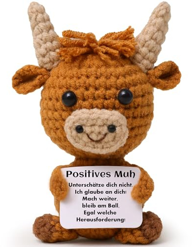 Gehäkelte Highland Cow Kuh – Mini Strickpuppe mit Positiver Energie Karte, Emotionaler Support Kuscheltier für Stressabbau, Niedliches Hochlandrind Geschenk für Frauen, Freunde, Studenten Weihnachten