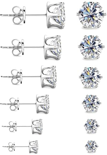 RENKE6 Pairs Stainless Steel Stud Earrings for Women Men, Hypoallergenic Silver Tone Cubic Zirconia Ear Studs Set, Round Clear CZ Piercing Jewellery Gifts (Size 3mm 4mm 5mm 6mm 7mm 8mm)