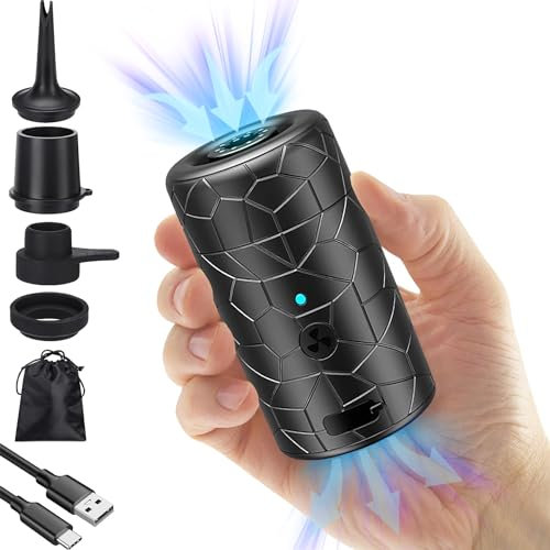 Mojimdo Tragbare Elektrische Luftpumpe – 4000mAh Akku, 300L/Min, Kompakte Air Pump mit 4 Düsen für Camping, Luftmatratzen, Schwimmringe, Luftkissen, Schlauchboote & Vakuumbeutel