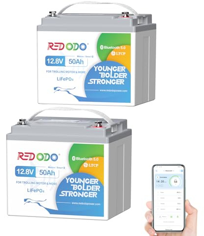 Redodo Smart Bluetooth 12V 50Ah LiFePO4 Lithium Batterie für Trolling Motor, Low-Temp Schutz, 10 Jahre Lebensdauer, leicht & tragbar Perfekt für RV, Solar, Boot, Marine, Camping 2 Pack