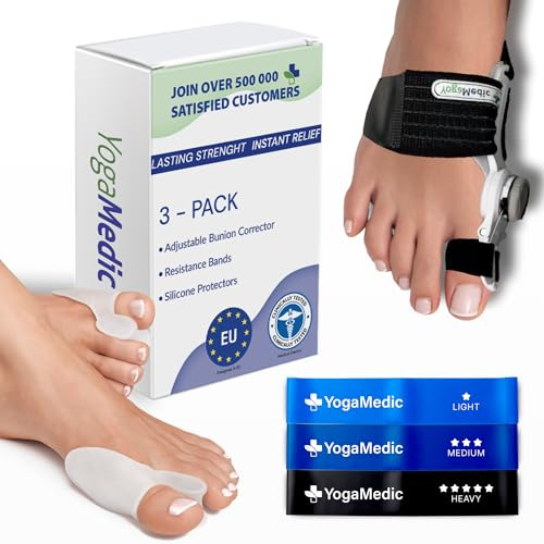 YOGAMEDIC Hallux Valgus Korrektur Set - 6 Stück Set aus Zehenspreizer, Hallux Valgus Schiene & Trainingsbänder - Hammerzehen Korrektur - Hallux Valgus Bandage - Zehenkorrektur