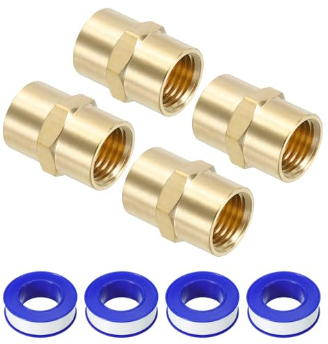 PATIKIL 1/4 x 1/4 Brass NPT Coupler with Sealing Tape, 4 Set Female Hex Head Pipe Fitting Coupling for Home Plumbing Pipes Shower Head Bases Coupling, Gold