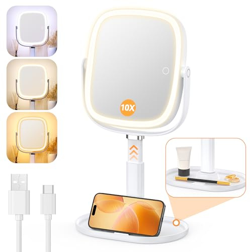 Gospire Specchio da trucco illuminato con luci e ingrandimento 1X/10X, base vassoio e altezza regolabili per scrivania, batteria ricaricabile da 4000 mAh, luci a 3 colori e funzione di memoria per
