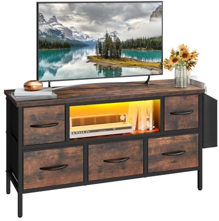 YITAHOME Meuble TV pour Salon avec 5 tiroirs Pliables et étagères - Meuble TV avec éclairage LED RVB - Centre de Divertissement avec Armoire pour PS5 (Marron)