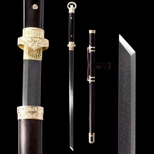 KWXPW Handgefertigtes Chinesisches Schwert,Scheide aus Natürlichem Ebenholz,Handgeschmiedete Musterstahl Klinge,106cm Gerades Schwert,Fein Geschnitzte Zubehör aus Reinem Kupfer
