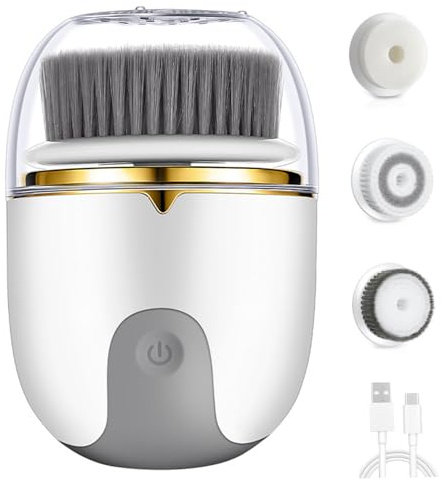 Facial Cleansing Brush 2 Modes Waterproof Electric Face Scrubber, USB Rechargeable Exfoliating Face Brush Cleanser with 3 Heads for Exfoliating, Cleansing, Massaging