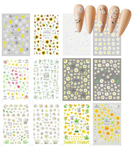 FENQURO 12 Stück nagelsticker blumen, Selbstklebende Blumen Nagelsticker, Gänseblümchen Aufkleber Nagelaufkleber, Kleine Blumen Nail Art Zubehör, Nagel Designing, Fingernägel Aufkleber