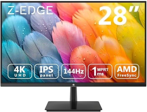 Z-Edge 28 Inch 4K Gaming Monitor 144Hz UHD IPS Panel 3840x2160 1ms MPRT, 300 cd/m² Brightness, FreeSync, HDR10, Ultra-Thin Bezel, DP 1.4 & HDMI 2.1, VESA Mountable, Black