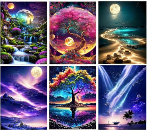 6 Packs Paint by Numbers for Adults,DIY Landscape Paint by Number Kits for Adults Beginners,Aurora and Moon Painting Craft Art for Home Wall Decor12X16Inch