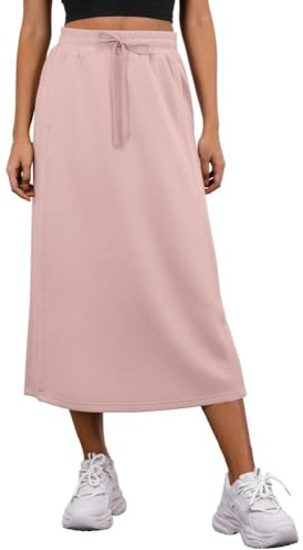 PrinStory Gonna midi da donna, estiva, con elastico in vita, con tasche e spacco posteriore, Rosa, M