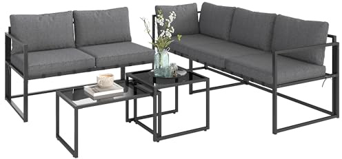 Outsunny Salon de Jardin extérieur d'angle 4 pièces avec canapé 3 Places, canapé 2 Places et 2 Tables Basses gigognes en Verre trempé, mobilier de Jardin Coussins Inclus, pour terrasse Veranda, Gris
