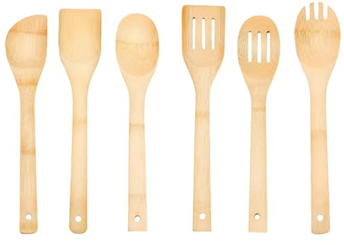 6 Piece Bamboo Cooking Utensils Set, Natural Wooden Spoons & Spatulas, Heat Resistant Non-Scratch Kitchen Tools for Non-Stick Cookware, Home Cooking