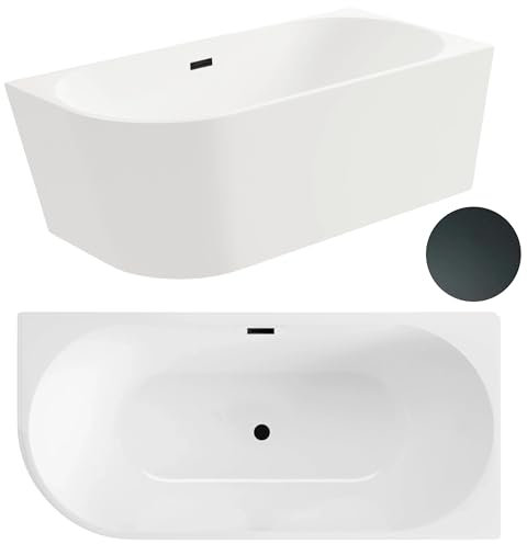 Aquauno, vasca angolare autoportante a destra, 160 x 80 cm, ovale, in acrilico di alta qualità, con scarico click, troppopieno, copertura e scarico in nero, design moderno