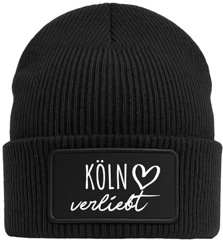 Huuraa Beanie Köln verliebt Geschenk | Black Geschenkidee Schwarze Rippstrick Wintermütze mit austauschbarem Klett Patch