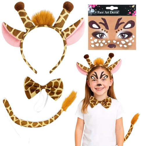 XNBTFK Giraffe Costume Set, Kids Animal Costume for Halloween & Christmas Animal Cosplay, Deer Headband Bow Tie Tail Face Stickers, Jungle Theme Party Dress Up Accessories