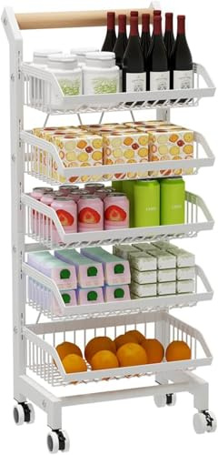 Carrello Da Cucina a 5 Ripiani Con Ruote, Cestino Portafrutta E Verdura, Ripiano Portafrutta Regolabile Con Manici in Legno, Ripiano Portaoggetti in Metallo,White