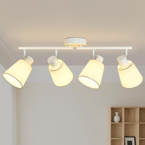 Unikcst Deckenstrahler 4 Flammig Deckenlampe E27 Weiß | Deckenleuchte Schwenkbar 350°, Leinen Lampenschirm, für Wohnzimmer, Flur, Küche, Schlafzimmer, Ohne Leuchtmittel