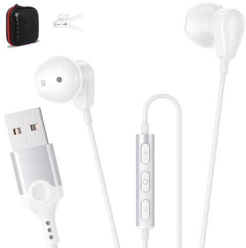 Ecouteur Filaire USB avec Microphone pour PC 2,3m pour PS4 PS5 Office,Blanc | écouteur Gaming avec Microphone et Contrôle Volume, Conception légère Casque USB pour Ordinateur portable Dell HP Acer
