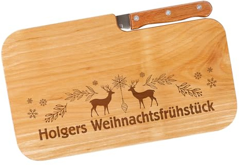 Herz & Heim® Frühstücksbrettchen aus Holz mit Gravur und Messer – Personalisiertes Schneidebrett zu Weihnachten mit integriertem Messer – Brettchen aus Erlenholz – Holzbrett als Geschenkidee