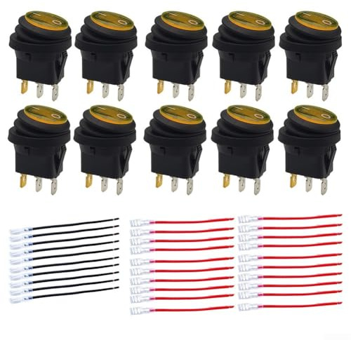 Interrupteur à bascule rond 12 V 20 A avec coque étanche IP65 et lumière LED SPST 3 broches 2 positions pour une utilisation en véhicule (jaune)