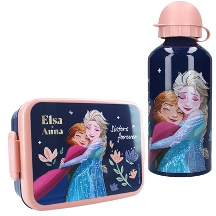 Vadobag Fiambrera y botella para niños, set de regalo, fiambrera con botella de aluminio, juego de pausas para guardería, escuela (azul oscuro Frozen)