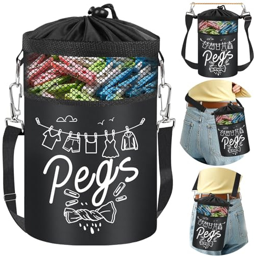 Harmondy Premium Peg Bag for Washing Line with Hanger,Waterproof Peg Bag with Closing Cord and Adjustable Shoulder Strap for Laundry Clothes Pegs, Indoor Outdoor Clothes line Peg Bags for Washing