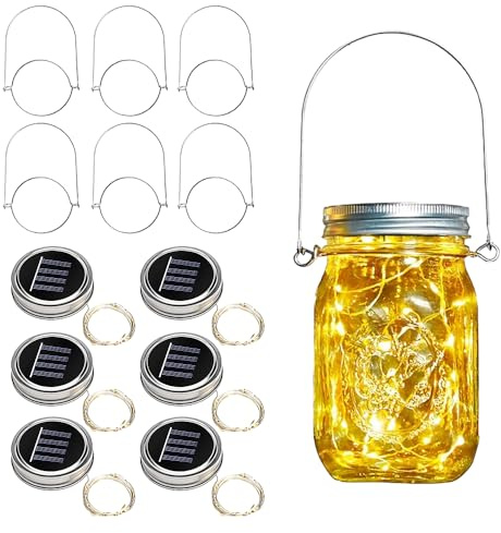 RNPKZ 6 luci solari di ricambio, 30 LED Mason Jar, lanterna solare per esterni, con ganci, impermeabili, con coperchio per barattoli, per giardino, terrazza, balcone, feste