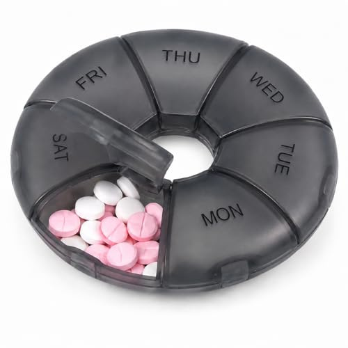Weekly Pill Box Organiser, 7 Day Round Tablet Organiser, Easy Open Snap Shut Lids Portable Travel Pill Case, Black Medicine Organiser Tablet Box for Vitamins Supplements Medication