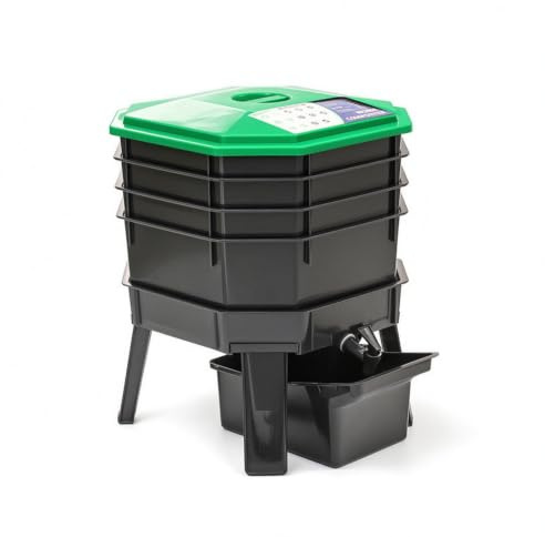 perfk Composteur à vers Empilé Composteur Bac à Compost Ferme à vers Système à Plateaux Empilés avec Robinet de Drainage et Louche Construction Géométrique