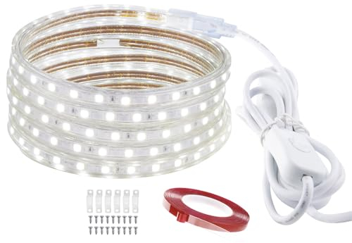LONCWO LED Streifen 2m, IP65 Wasserdicht LED Strip 220V 230V LED Band mit Stecker LED Lichtleiste, Weiß, 2M