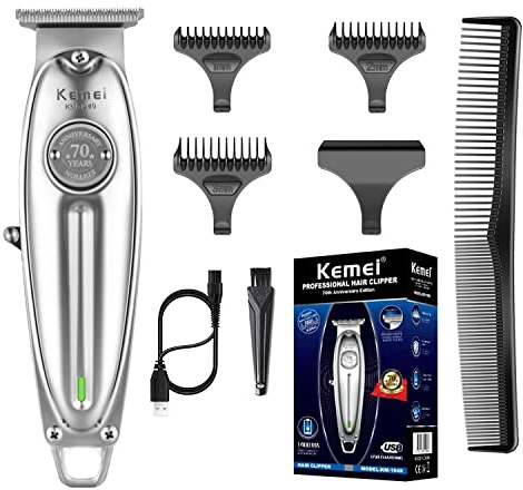 KEMEI Hårklippningsmaskin, professionell hårklippare, herr hårtrimmer T-bladtrimmer med 0 mm bald blad, skäggtrimmer precisionstrimmer, USB-laddning