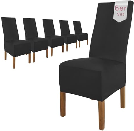 Scheffler Home Stuhlhussen 6er Set in Schwarz Stretch Lena | Elastische Stuhlbezüge, waschbar, bügelfrei und pflegeleicht, für Polsterstühle und Esszimmerstühle