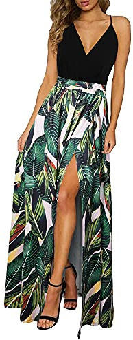 Newshows Sommerkleid Damen Lang Maxikleid Sommer V Ausschnitt Kleid Schlitz Elegant Spaghettiträger Freizeitkleid für Hochzeitsgäste