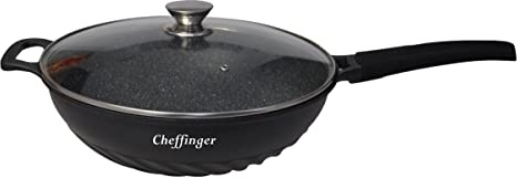 Cheffinger Wok CF-DW32 Set de poêles wok avec couvercle en verre Ø 32 cm