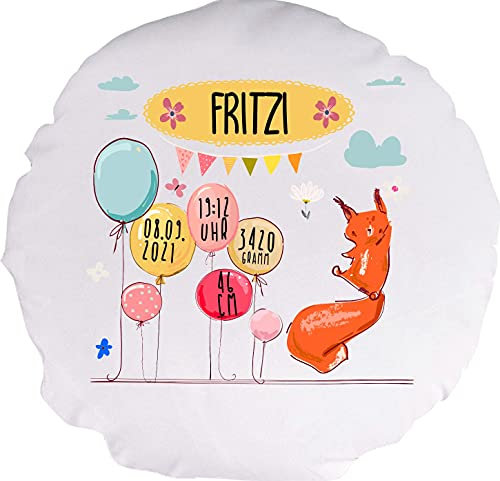 Kleckerliese Baby Kinder Kissen Personalisiert Kissenhülle Tiere Eichhörnchen Balon Wolken Name Geburt Datum Uhrzeit Gewicht, 40 cm Farbe Weiß mit Füllung
