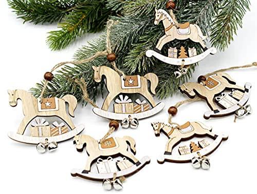 6er Anhänger Schaukelpferd Winter Deko Pferd Holz Christbaumschmuck Holzanhänger Dekoanhänger grau (Schaukelpferd Anhänger Deko)