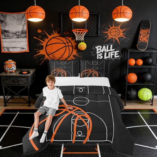 Castle Fairy Basketball Court Print Comforter Set for Kids Boys,Ball Sports Games Themed All Season Cozy Bedding Set Twin Size,Orange Basketball and Hoop Quilt Set Home Decor,Children Birthday Gift