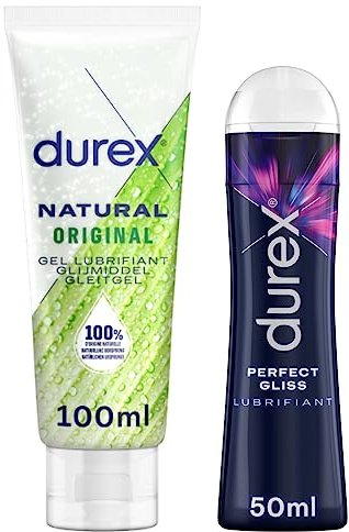 Durex - Lot de 2 Gels Lubrifiants Intimes - Lubrifiant Naturel Hydratant à l'Acide Hyaluronique 100 ml - Gel Lubrifiant Perfect Gliss 50 ml (2 Lubfiriants -Naturel Original & Perfect Gliss)