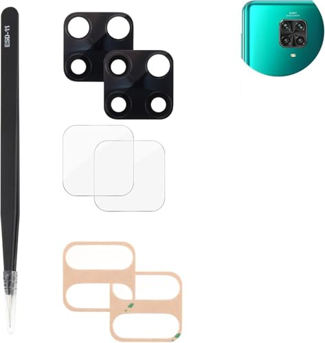 YHX-OU 2 Stück Kamera Linse Glas Ersatz für Redmi Note 9 Pro Kameraglas hinten + 2 Stück Redmi Note 9 Pro Kamera Displayschutzfolie + Pinzette (Schwarz)